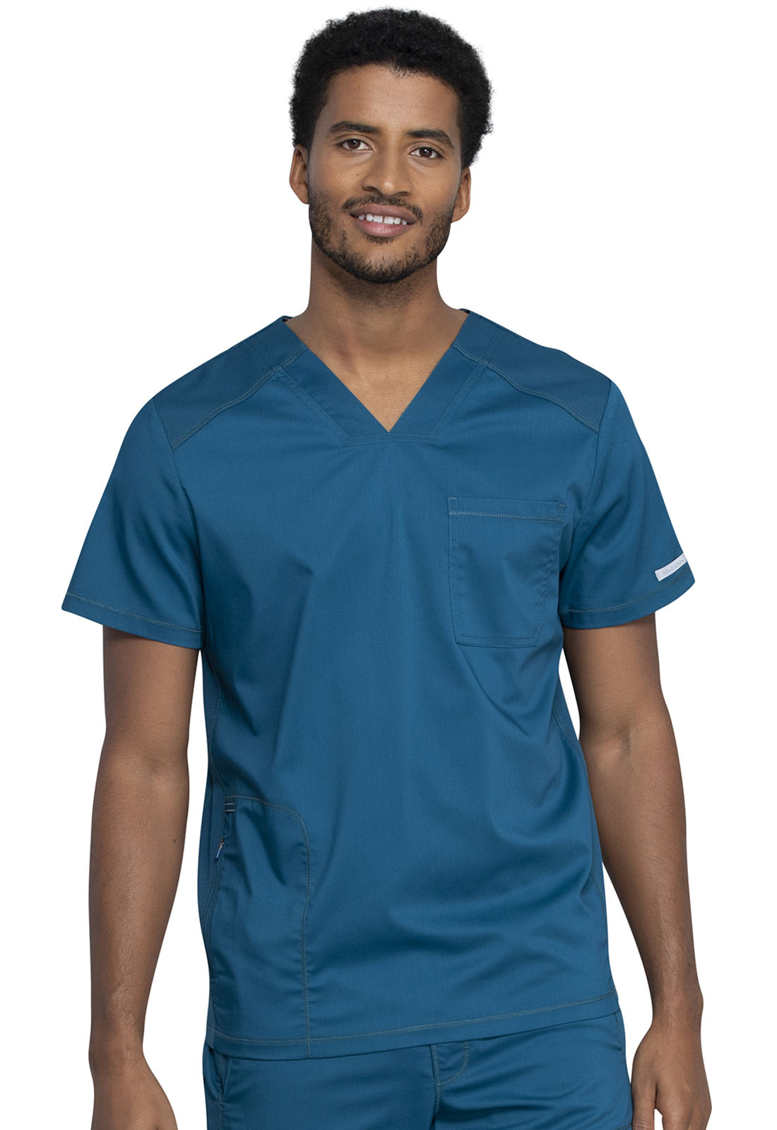 Revolution WW603 Men's V-Neck Top Caribbean Blue Model Image Front | Cherokee Workwear