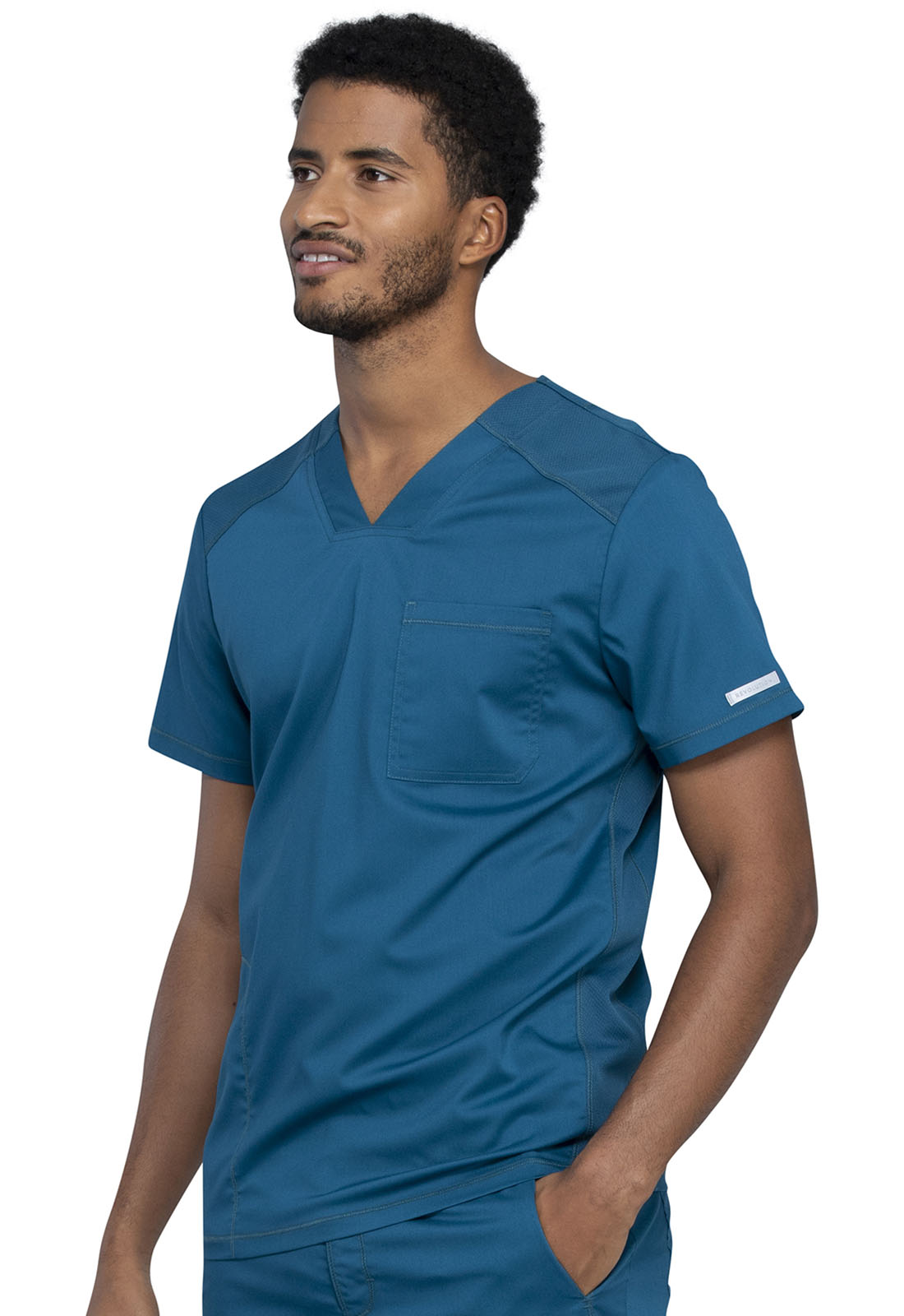 Revolution WW603 Men's V-Neck Top Caribbean Blue Model Image Right Side | Cherokee Workwear