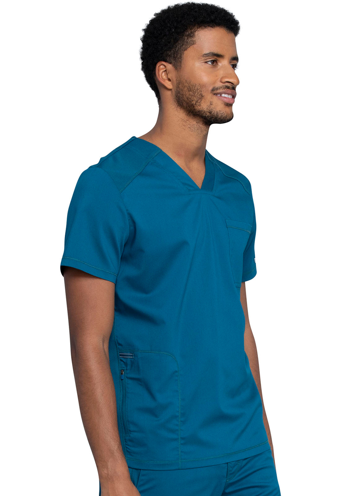 Revolution WW603 Men's V-Neck Top Caribbean Blue Model Image Left Side | Cherokee Workwear