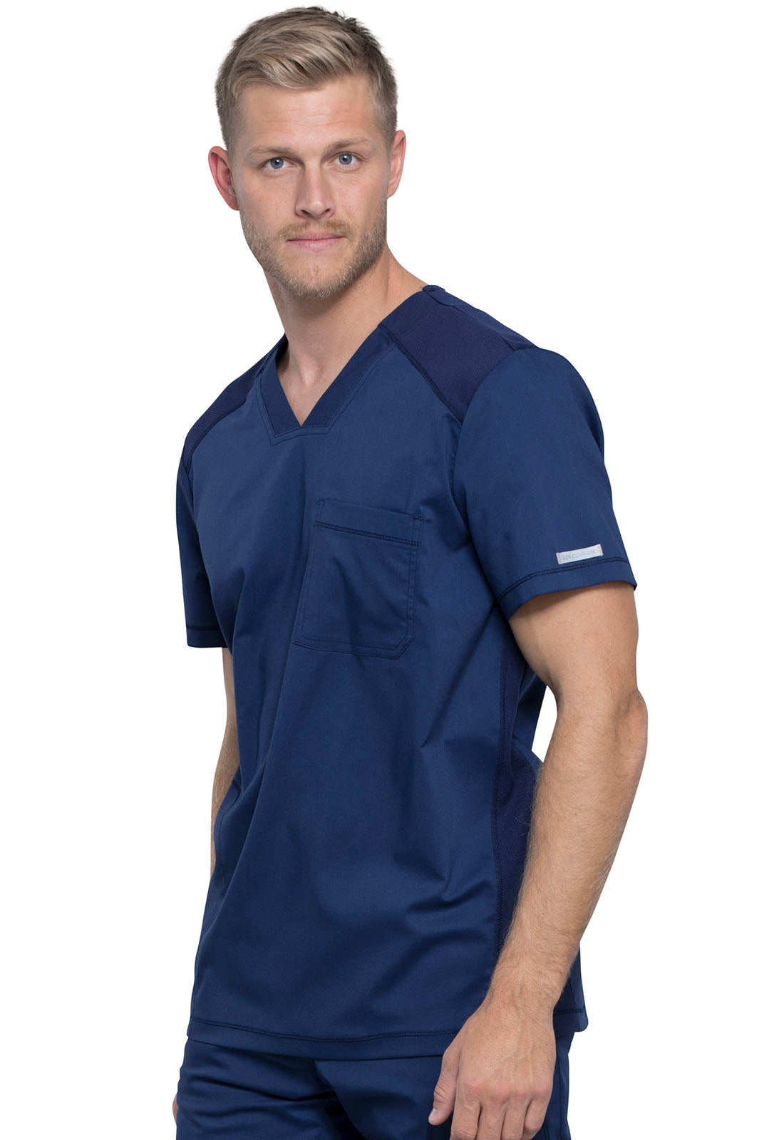 Revolution WW603 Men's V-Neck Top Navy Model Image Right Side | Cherokee Workwear