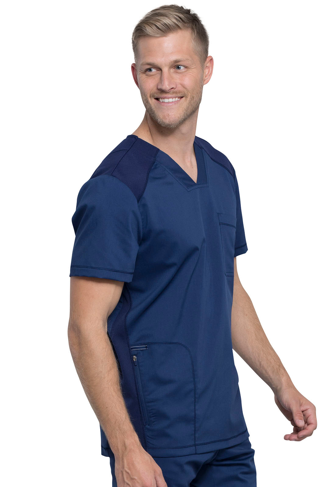 Revolution WW603 Men's V-Neck Top Navy Model Image Left Side | Cherokee Workwear