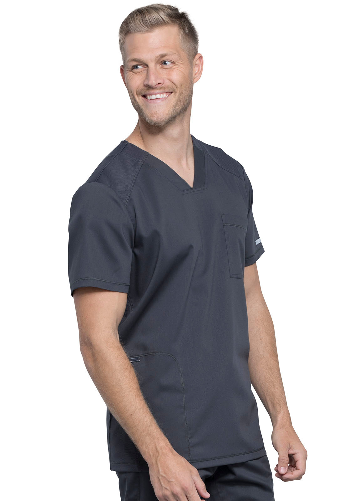 Revolution WW603 Men's V-Neck Top Pewter Model Image Left Side | Cherokee Workwear