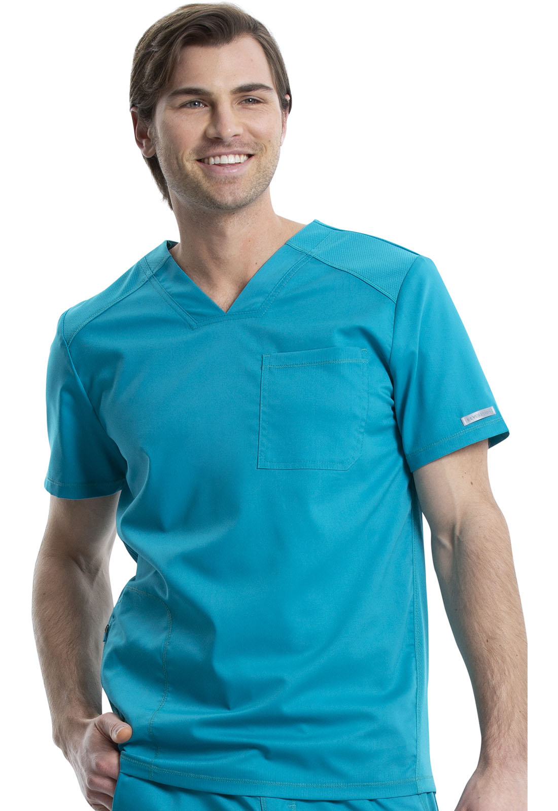 Revolution WW603 Men's V-Neck Top Teal Blue Model Image Front | Cherokee Workwear