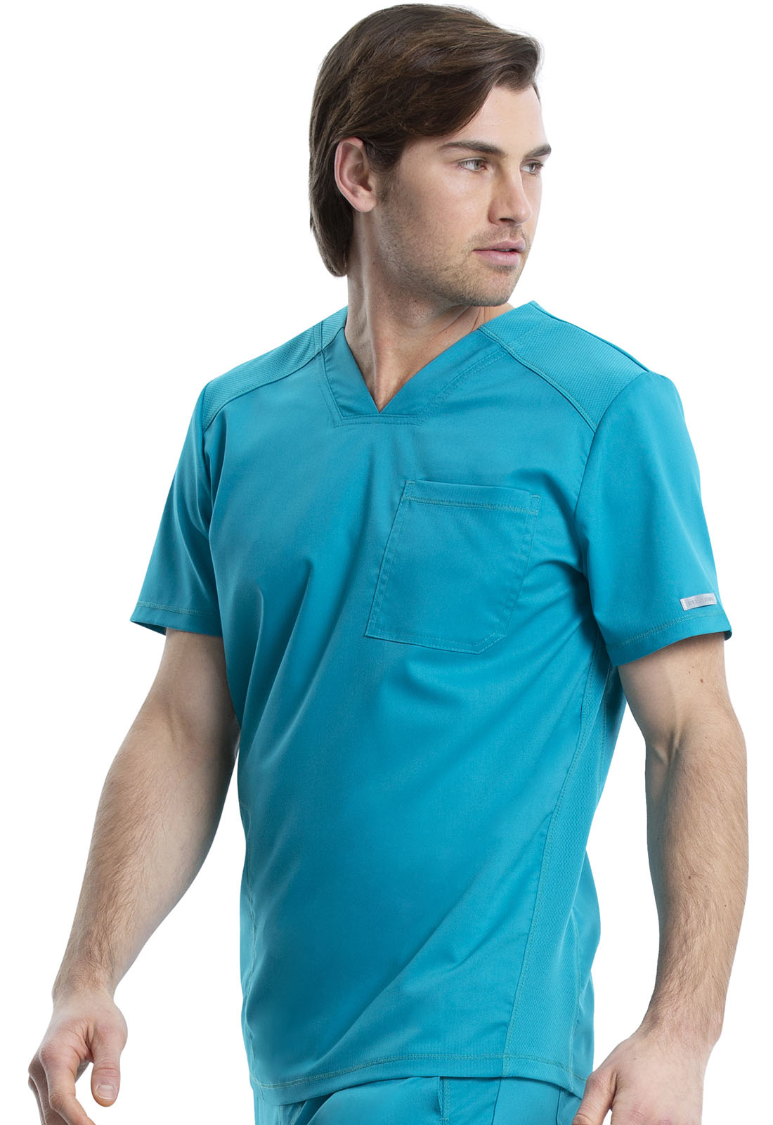 Revolution WW603 Men's V-Neck Top Teal Blue Model Image Right Side | Cherokee Workwear