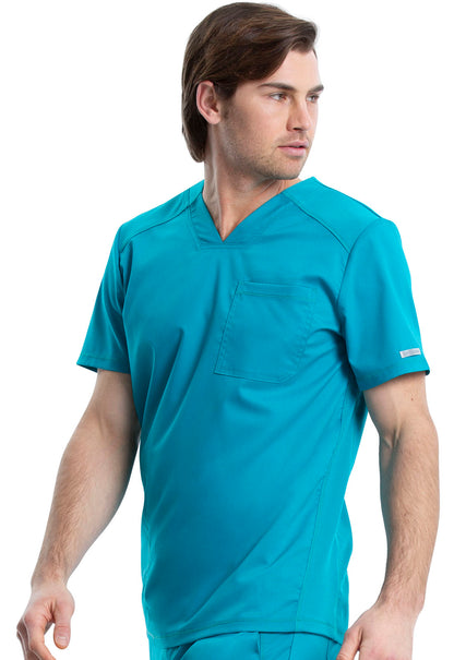 Revolution WW603 Men's V-Neck Top Teal Blue Model Image Right Side | Cherokee Workwear