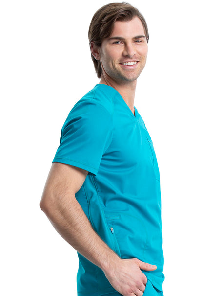 Revolution WW603 Men's V-Neck Top Teal Blue Model Image Left Side | Cherokee Workwear