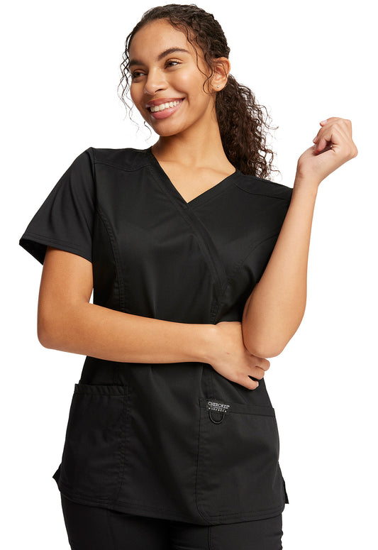 Revolution WW610 Mock Wrap Top Black Model Image Front | Cherokee Workwear