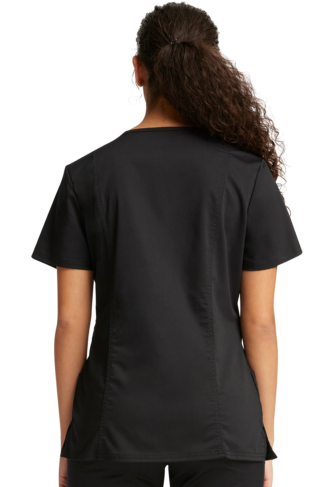 Revolution WW610 Mock Wrap Top Black Model Image Back | Cherokee Workwear