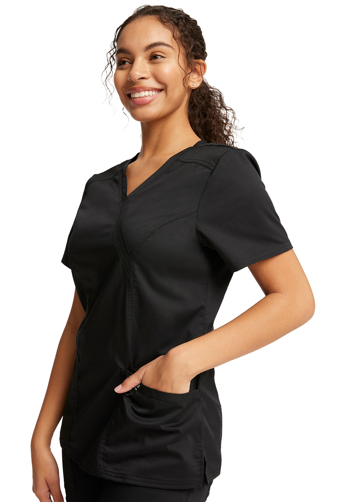 Revolution WW610 Mock Wrap Top Black Model Image Right Side | Cherokee Workwear