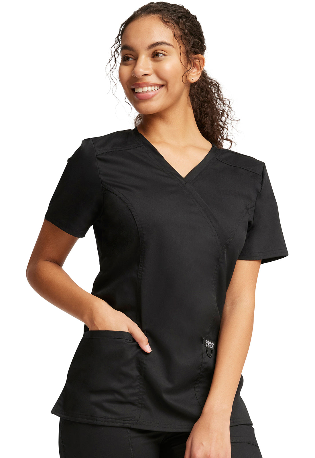 Revolution WW610 Mock Wrap Top Black Model Image Left Side | Cherokee Workwear