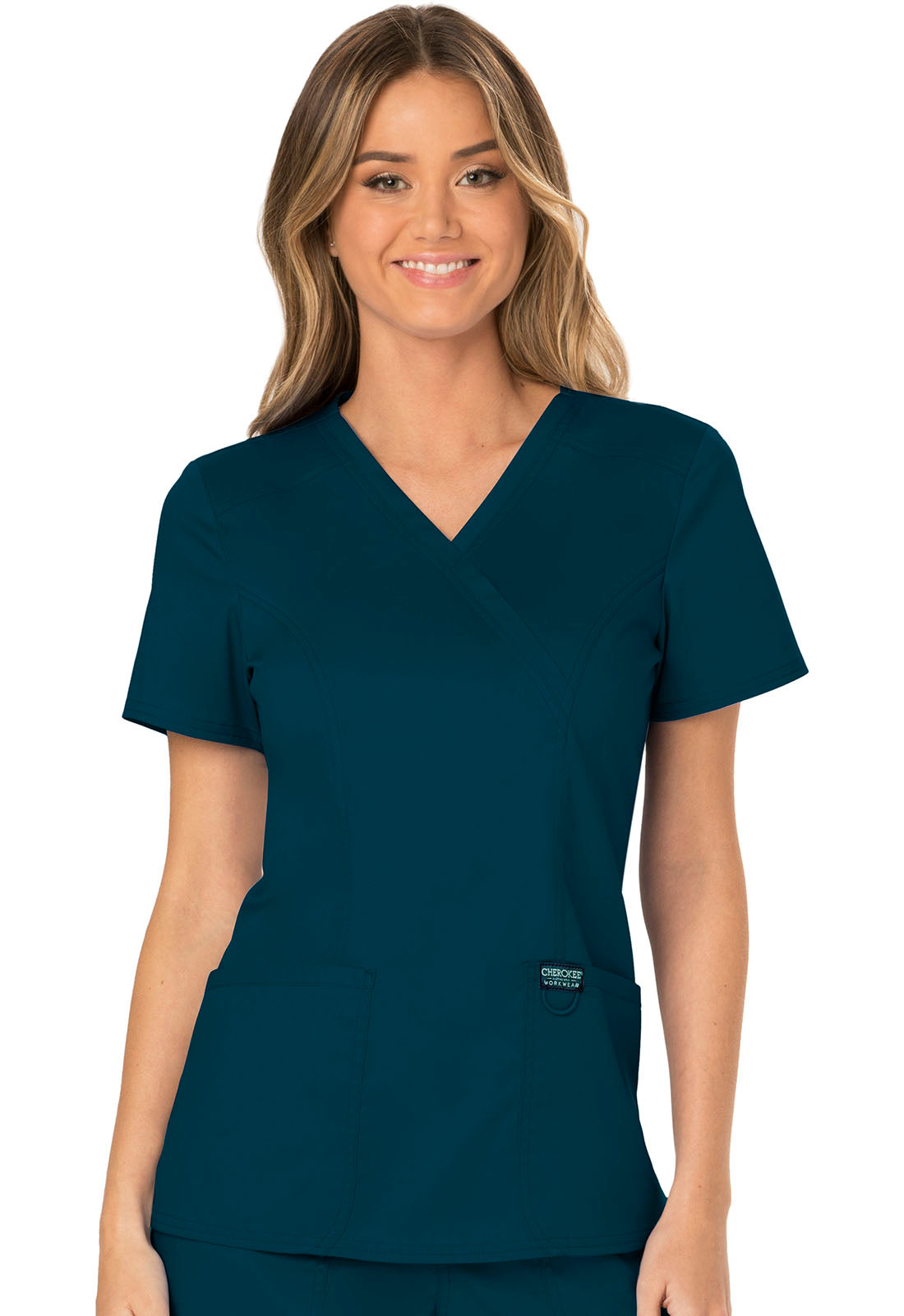 Revolution WW610 Mock Wrap Top Caribbean Blue Model Image Front | Cherokee Workwear