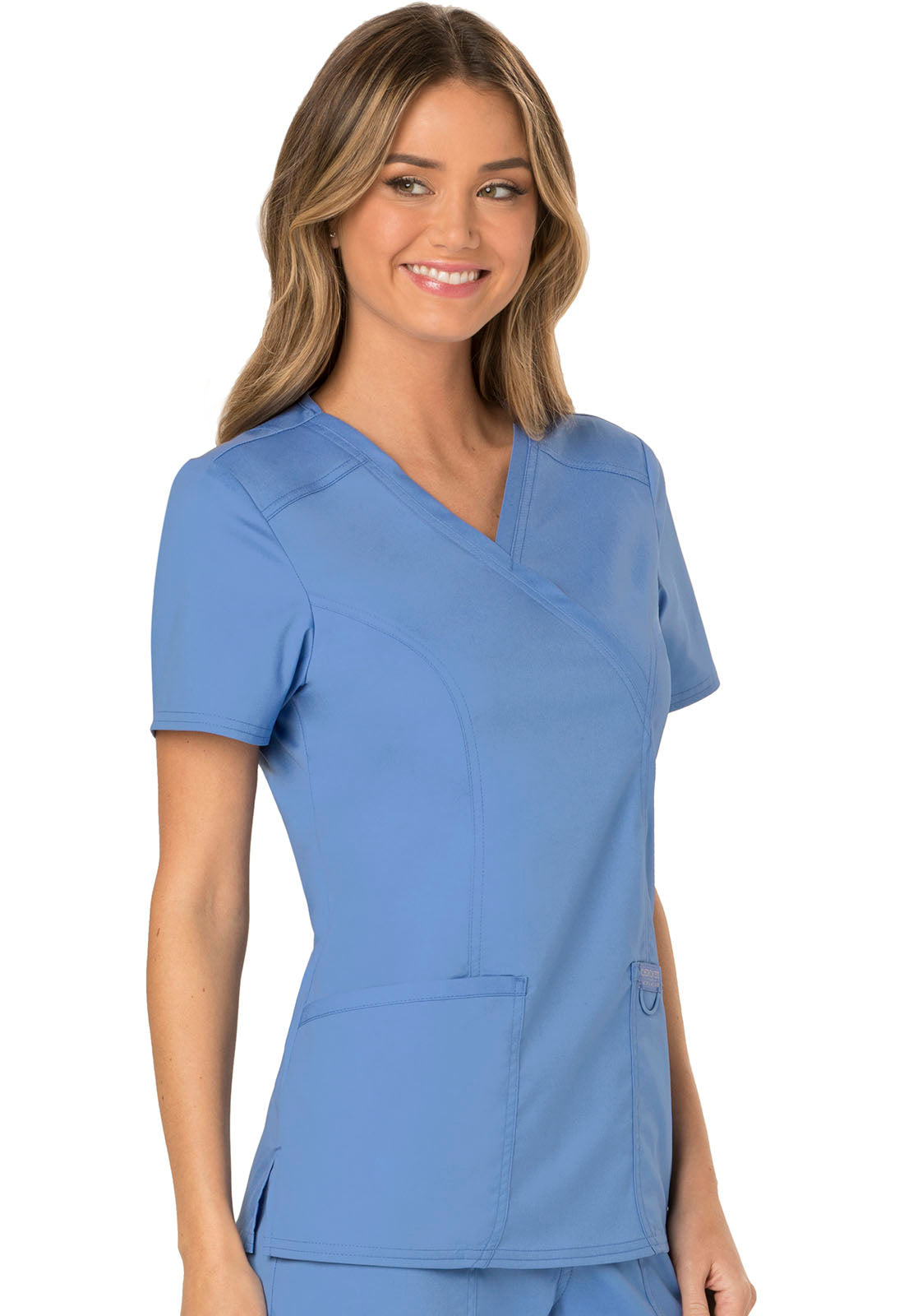 Revolution WW610 Mock Wrap Top Ciel Model Image Left Side | Cherokee Workwear