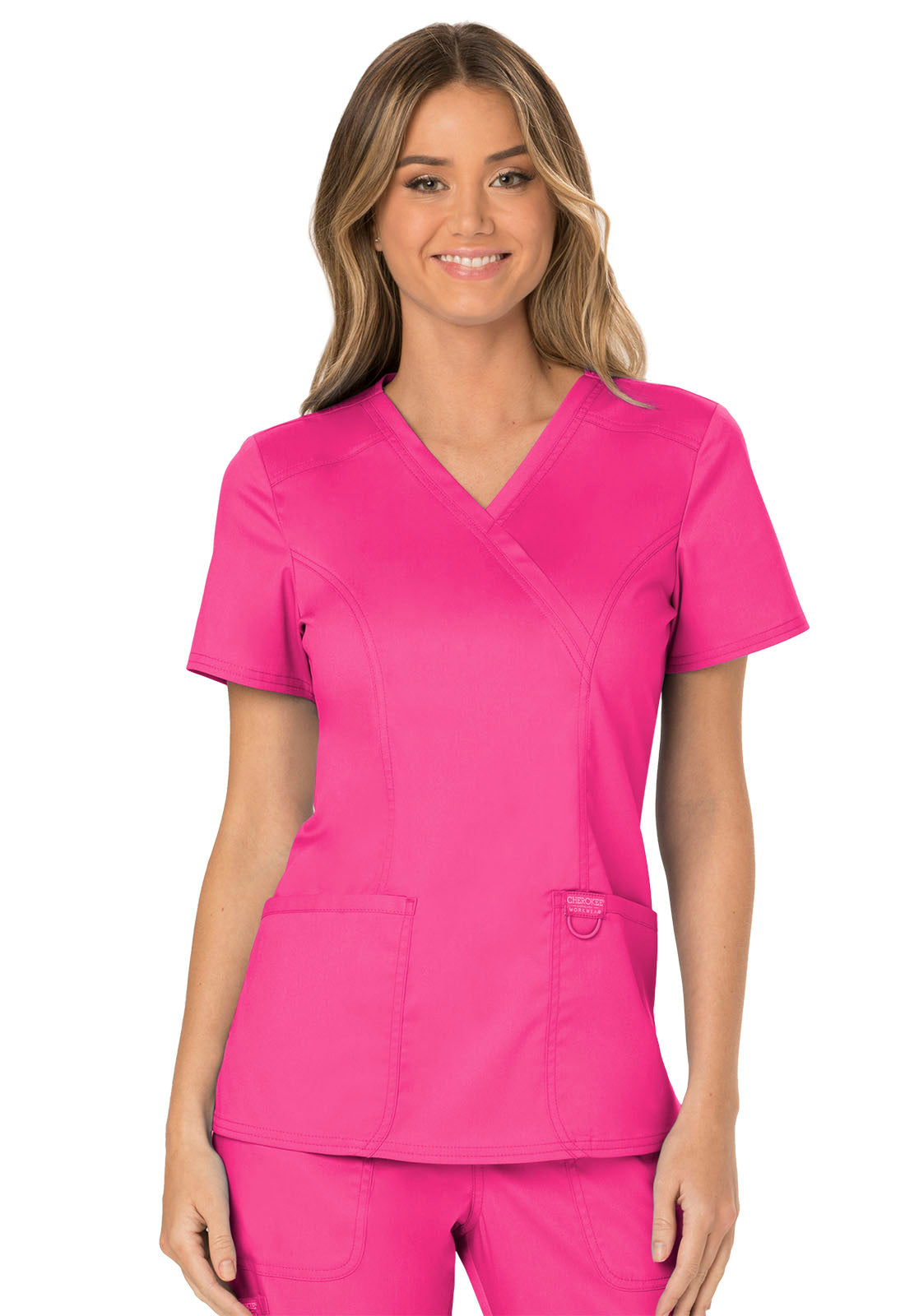 Revolution WW610 Mock Wrap Top Electric Pink Model Image Front | Cherokee Workwear