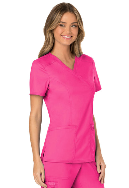 Revolution WW610 Mock Wrap Top Electric Pink Model Image Left Side | Cherokee Workwear