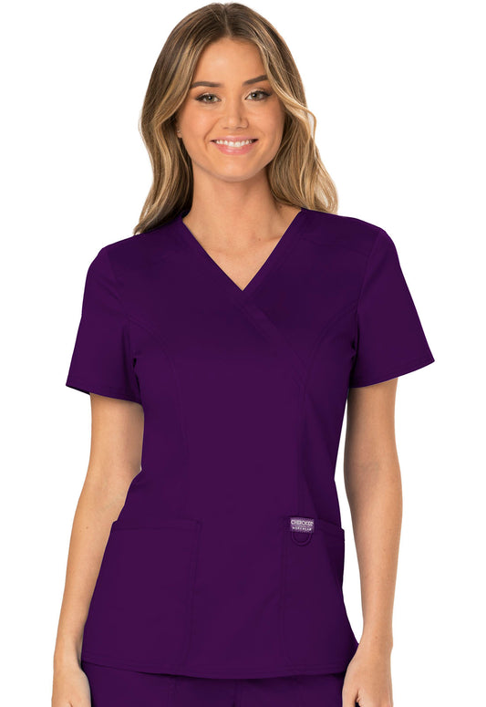 Revolution WW610 Mock Wrap Top Eggplant Model Image Front | Cherokee Workwear