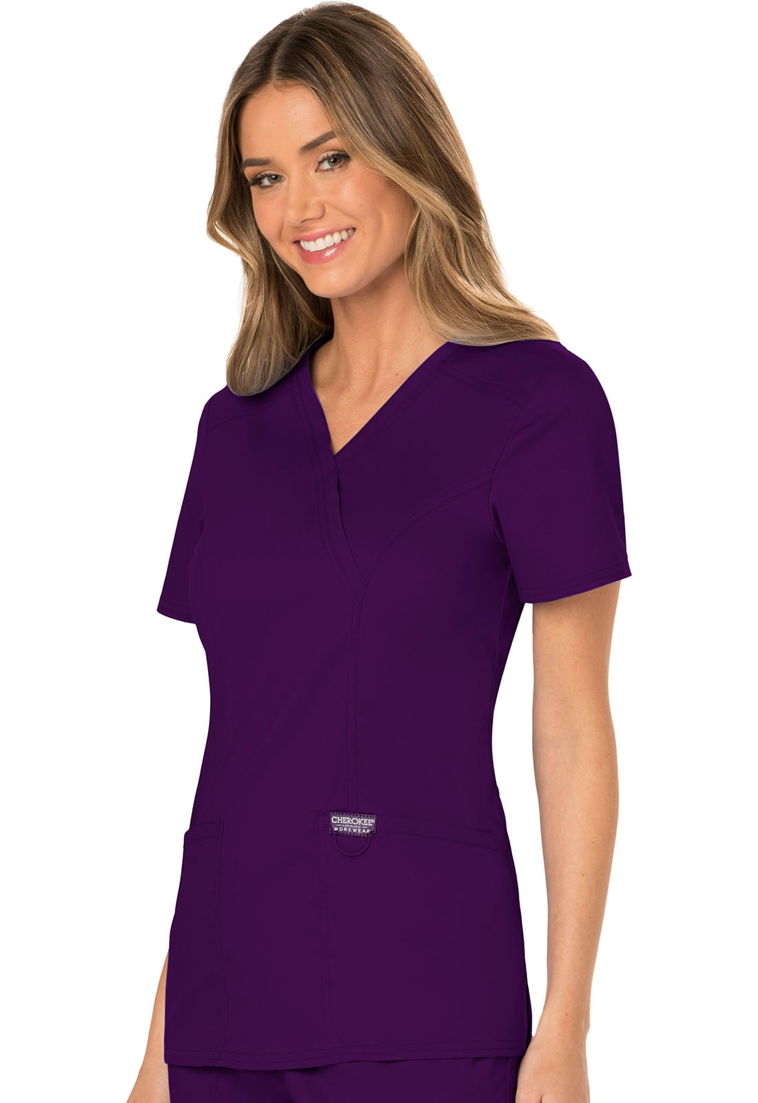 Revolution WW610 Mock Wrap Top Eggplant Model Image Right Side | Cherokee Workwear