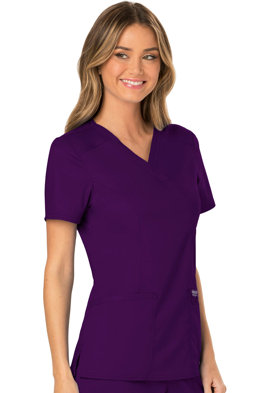 Revolution WW610 Mock Wrap Top Eggplant Model Image Left Side | Cherokee Workwear