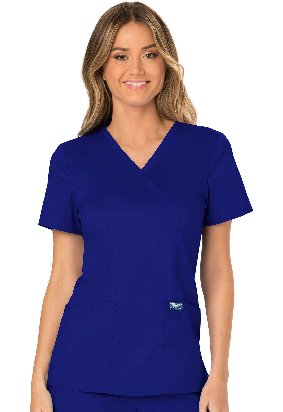 Revolution WW610 Mock Wrap Top Galaxy Blue Model Image Front | Cherokee Workwear