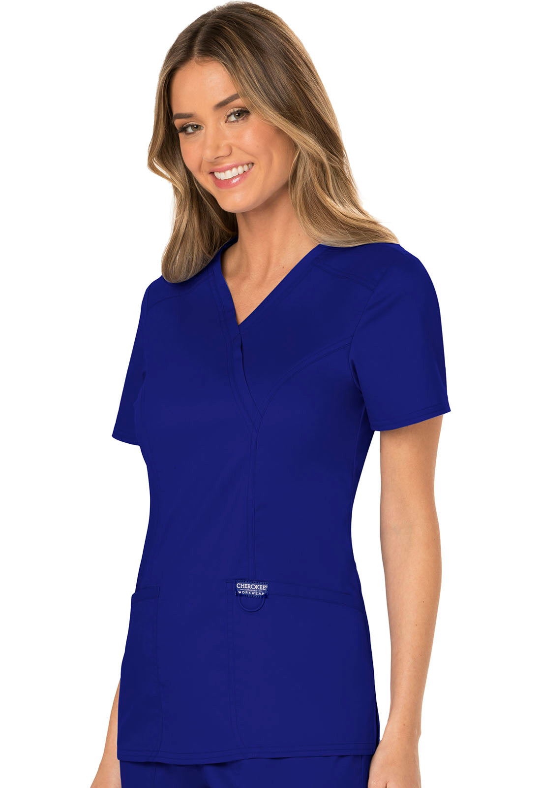 Revolution WW610 Mock Wrap Top Galaxy Blue Model Image Right Side | Cherokee Workwear