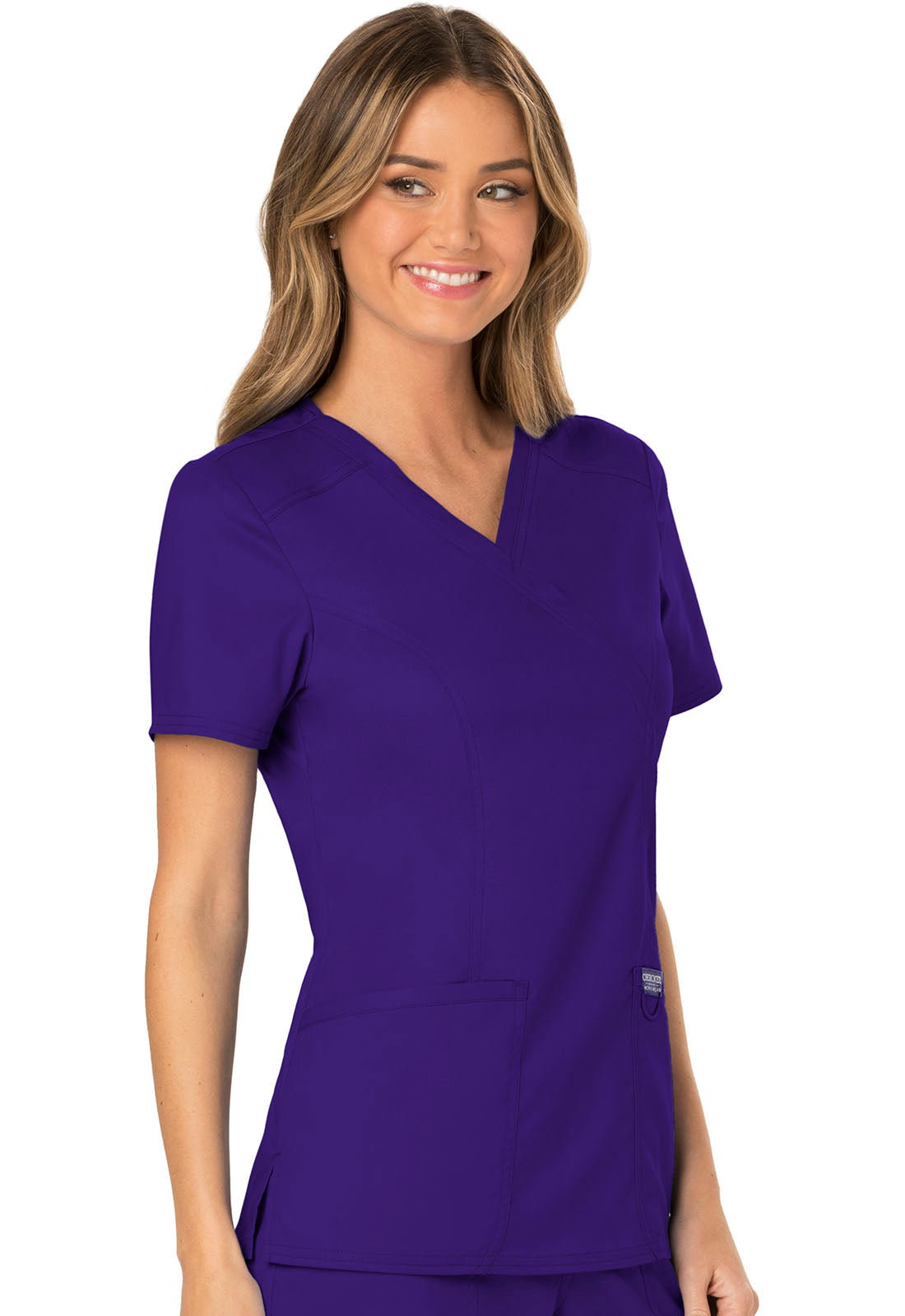 Revolution WW610 Mock Wrap Top Grape Model Image Left Side | Cherokee Workwear