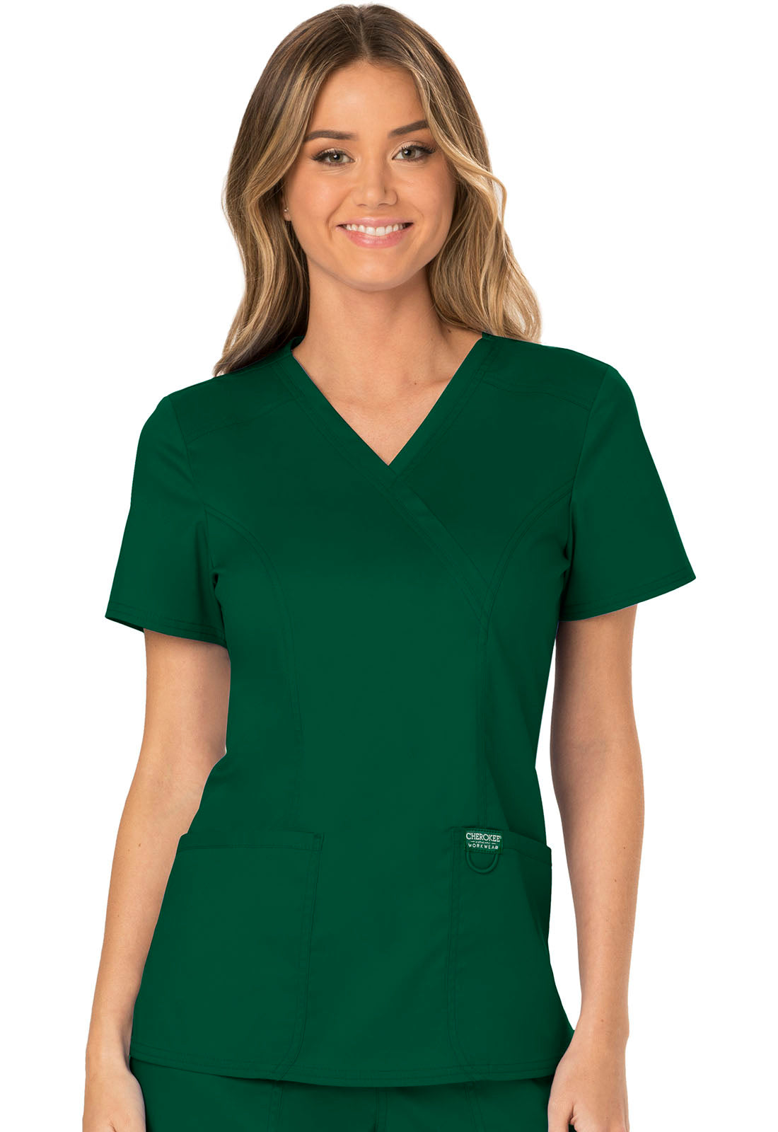 Revolution WW610 Mock Wrap Top Hunter Green Model Image Front | Cherokee Workwear