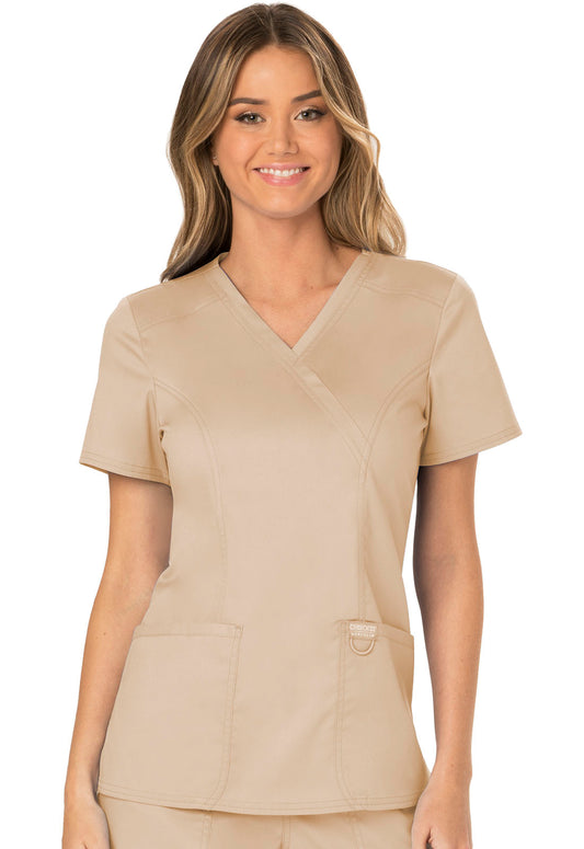 Revolution WW610 Mock Wrap Top Khaki Model Image Front | Cherokee Workwear