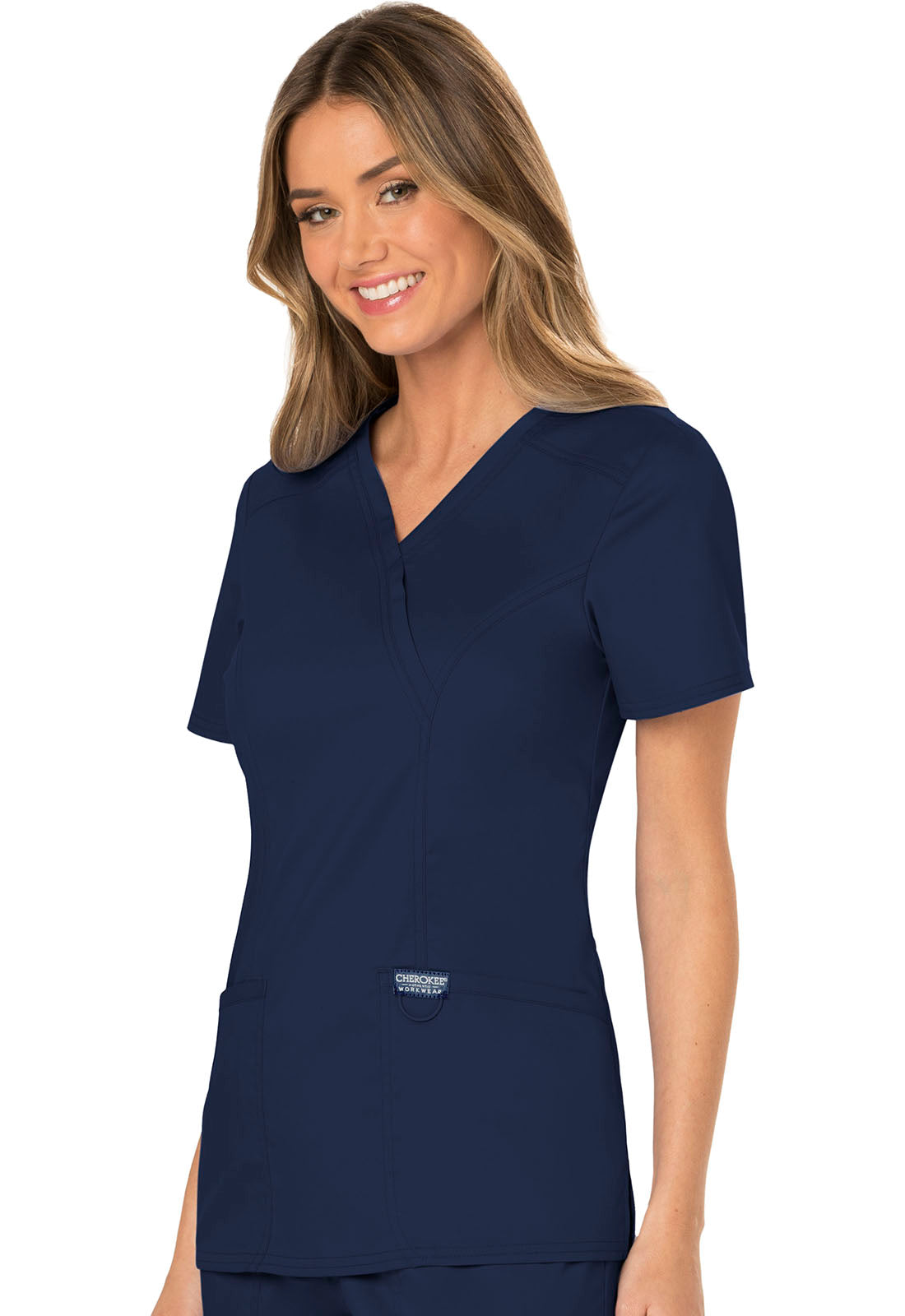 Revolution WW610 Mock Wrap Top Navy Model Image Right Side | Cherokee Workwear