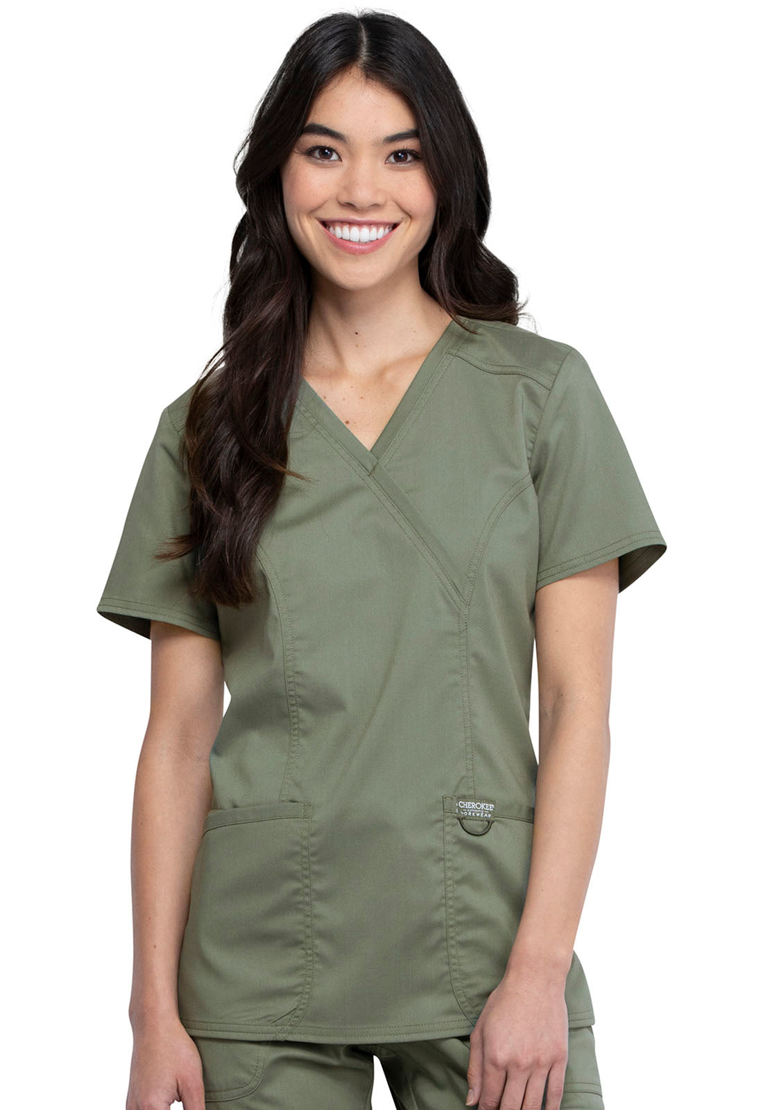 Revolution WW610 Mock Wrap Top Olive Model Image Front | Cherokee Workwear