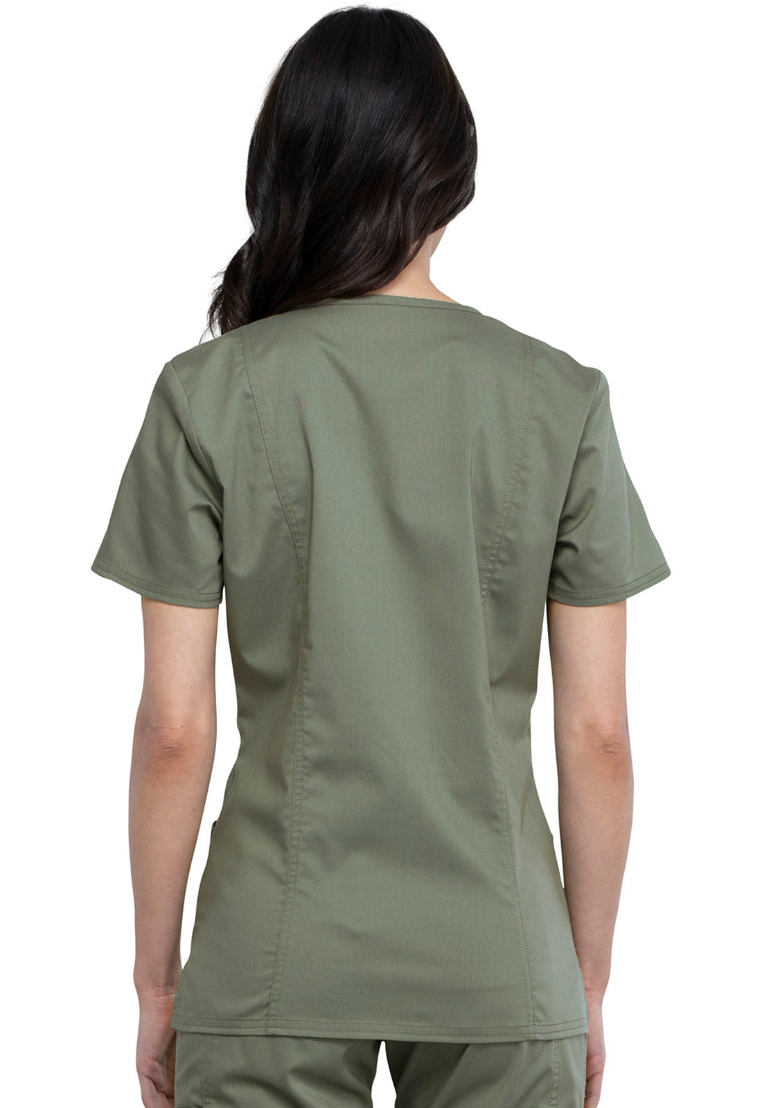 Revolution WW610 Mock Wrap Top Olive Model Image Back | Cherokee Workwear