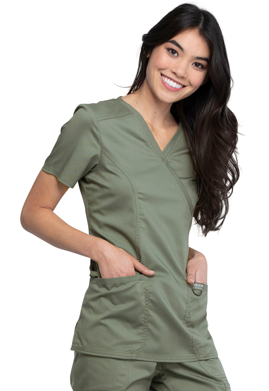 Revolution WW610 Mock Wrap Top Olive Model Image Left Side | Cherokee Workwear