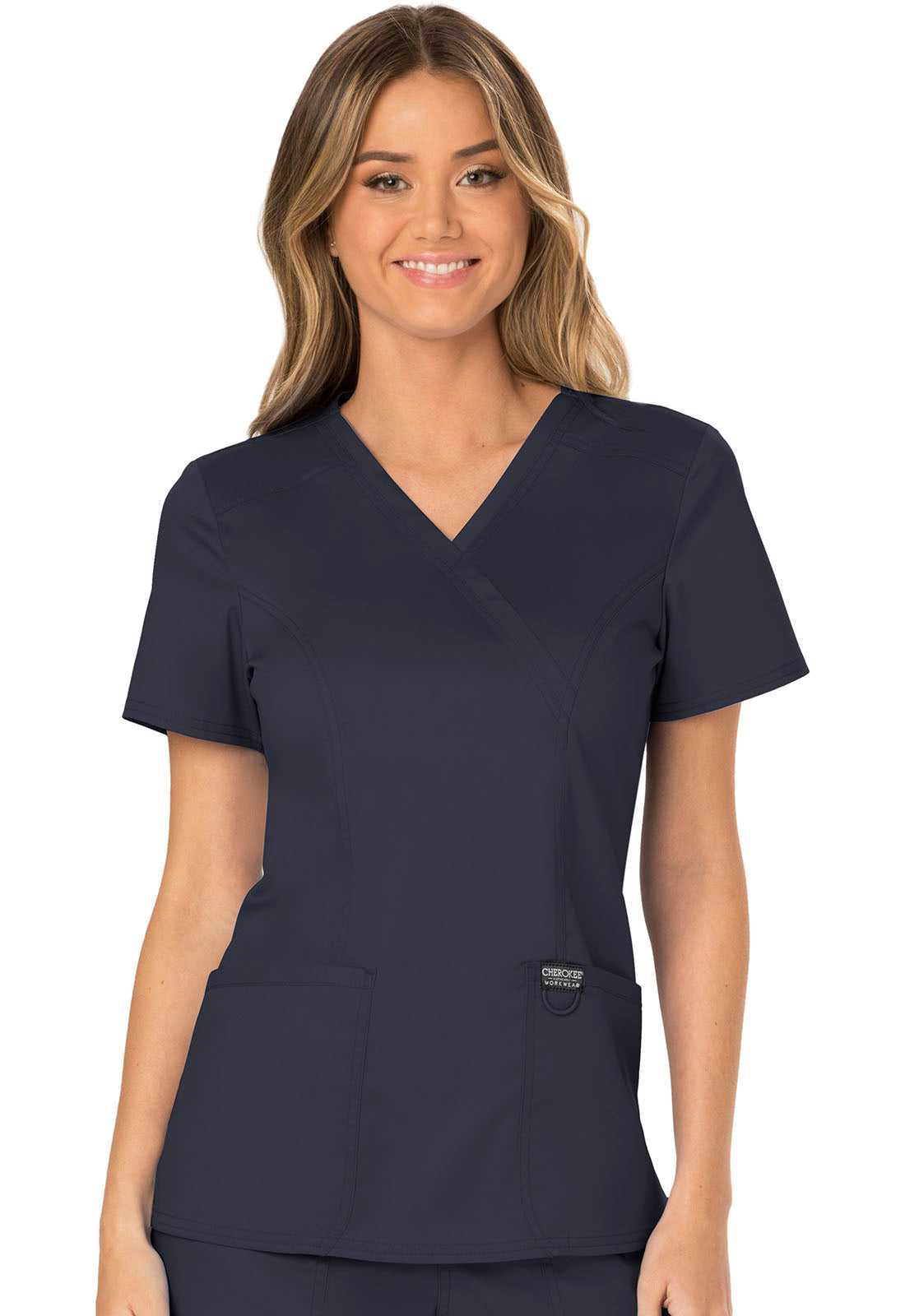 Revolution WW610 Mock Wrap Top Pewter Model Image Front | Cherokee Workwear