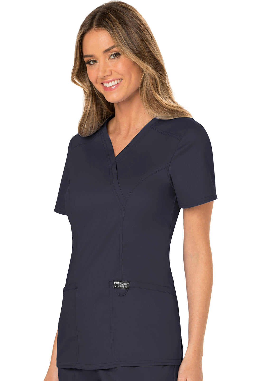 Revolution WW610 Mock Wrap Top Pewter Model Image Right Side | Cherokee Workwear