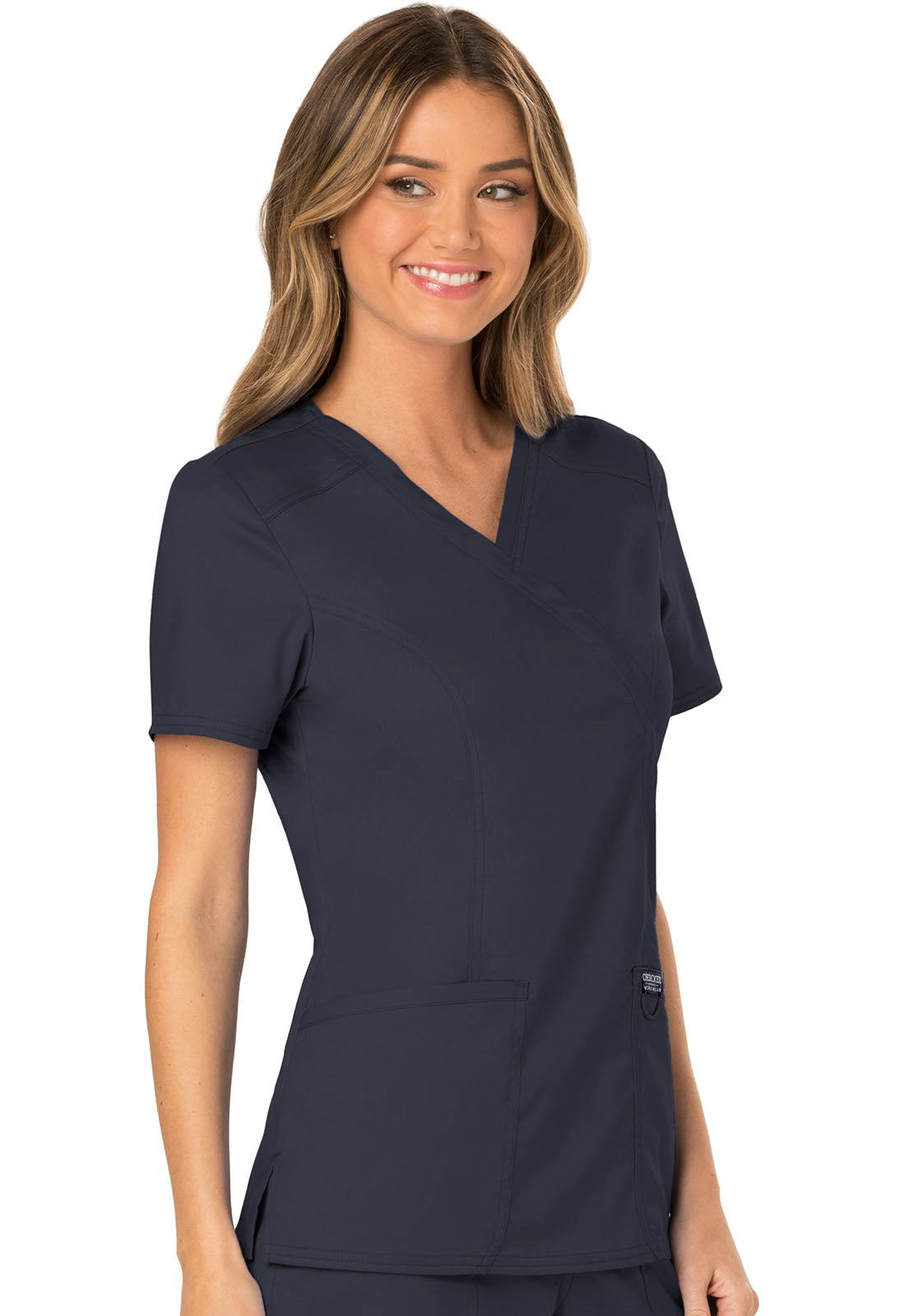 Revolution WW610 Mock Wrap Top Pewter Model Image Left Side | Cherokee Workwear