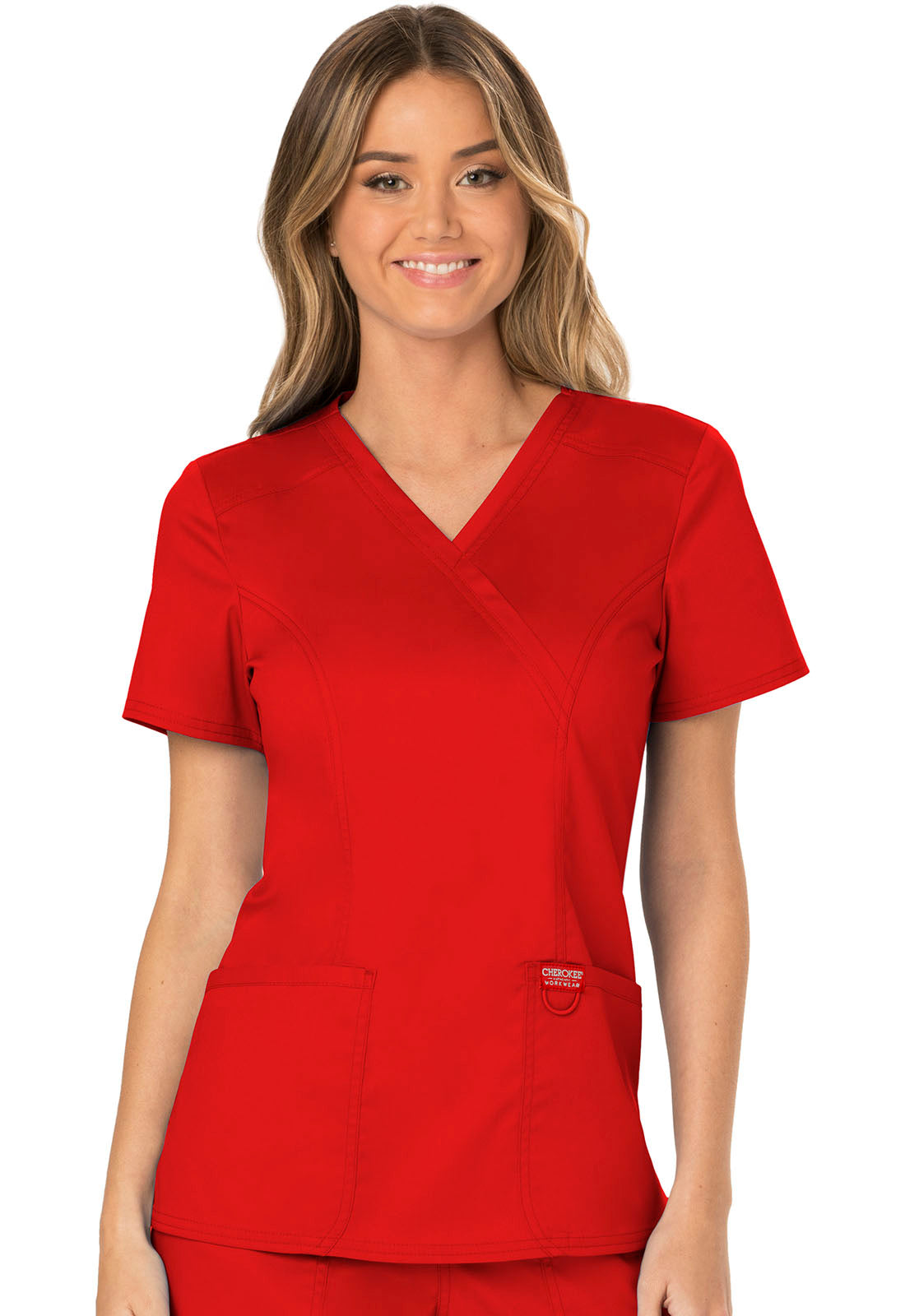 Revolution WW610 Mock Wrap Top Red Model Image Front | Cherokee Workwear