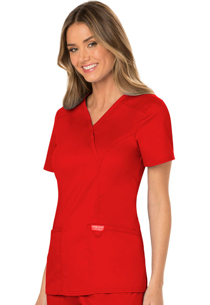 Revolution WW610 Mock Wrap Top Red Model Image Right Side | Cherokee Workwear