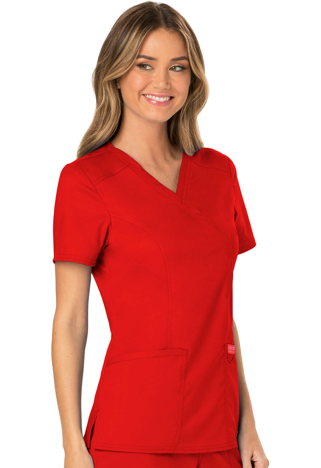 Revolution WW610 Mock Wrap Top Red Model Image Left Side | Cherokee Workwear