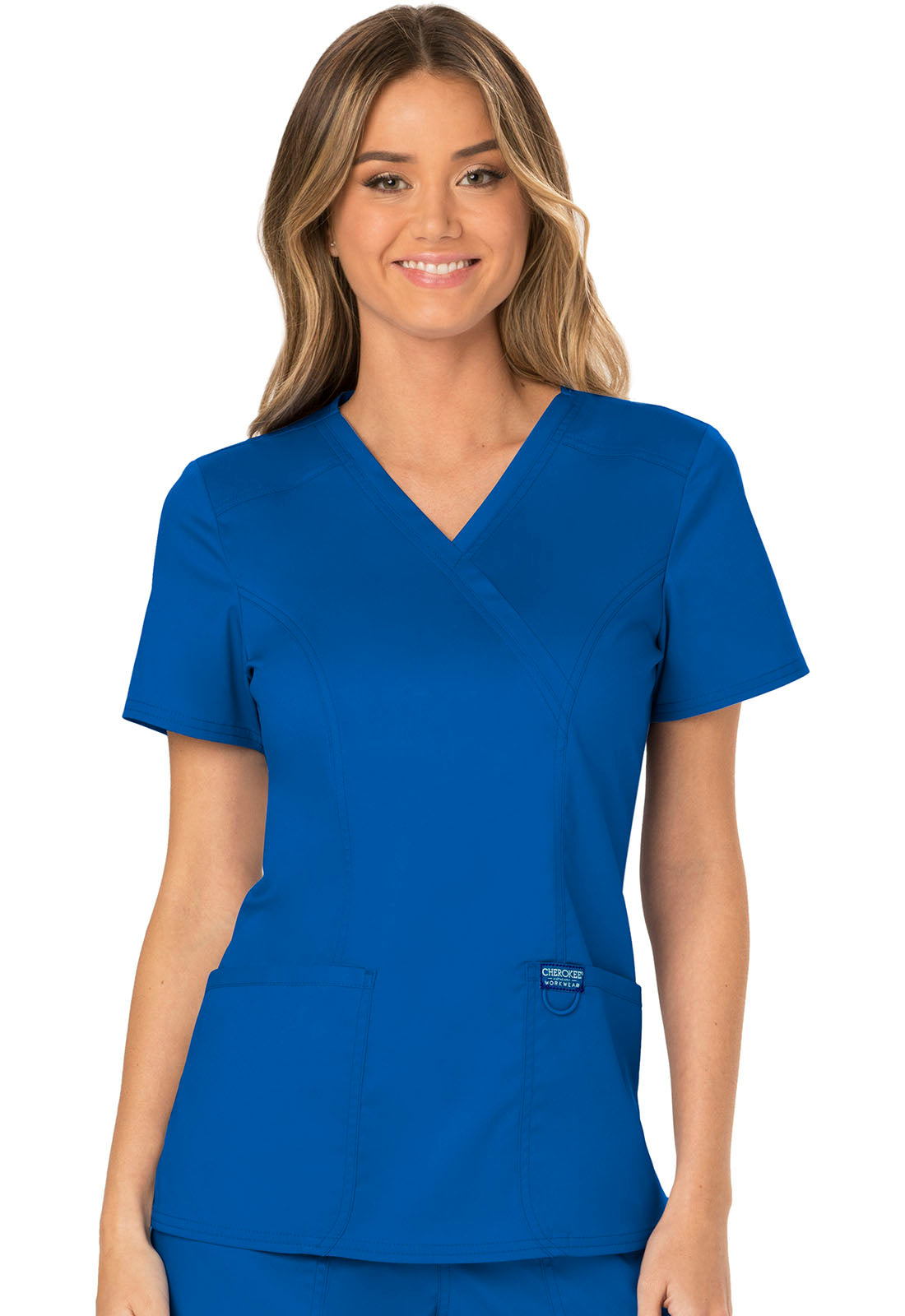 Revolution WW610 Mock Wrap Top Royal Model Image Front | Cherokee Workwear