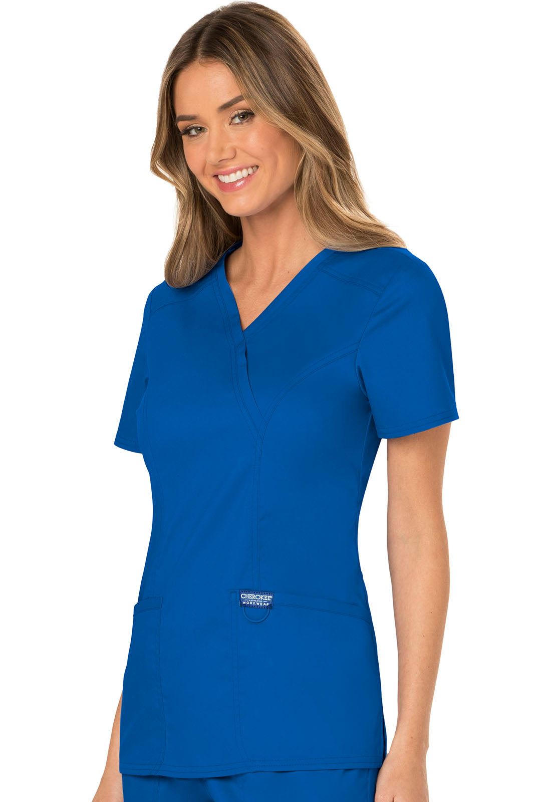 Revolution WW610 Mock Wrap Top Royal Model Image Right Side | Cherokee Workwear