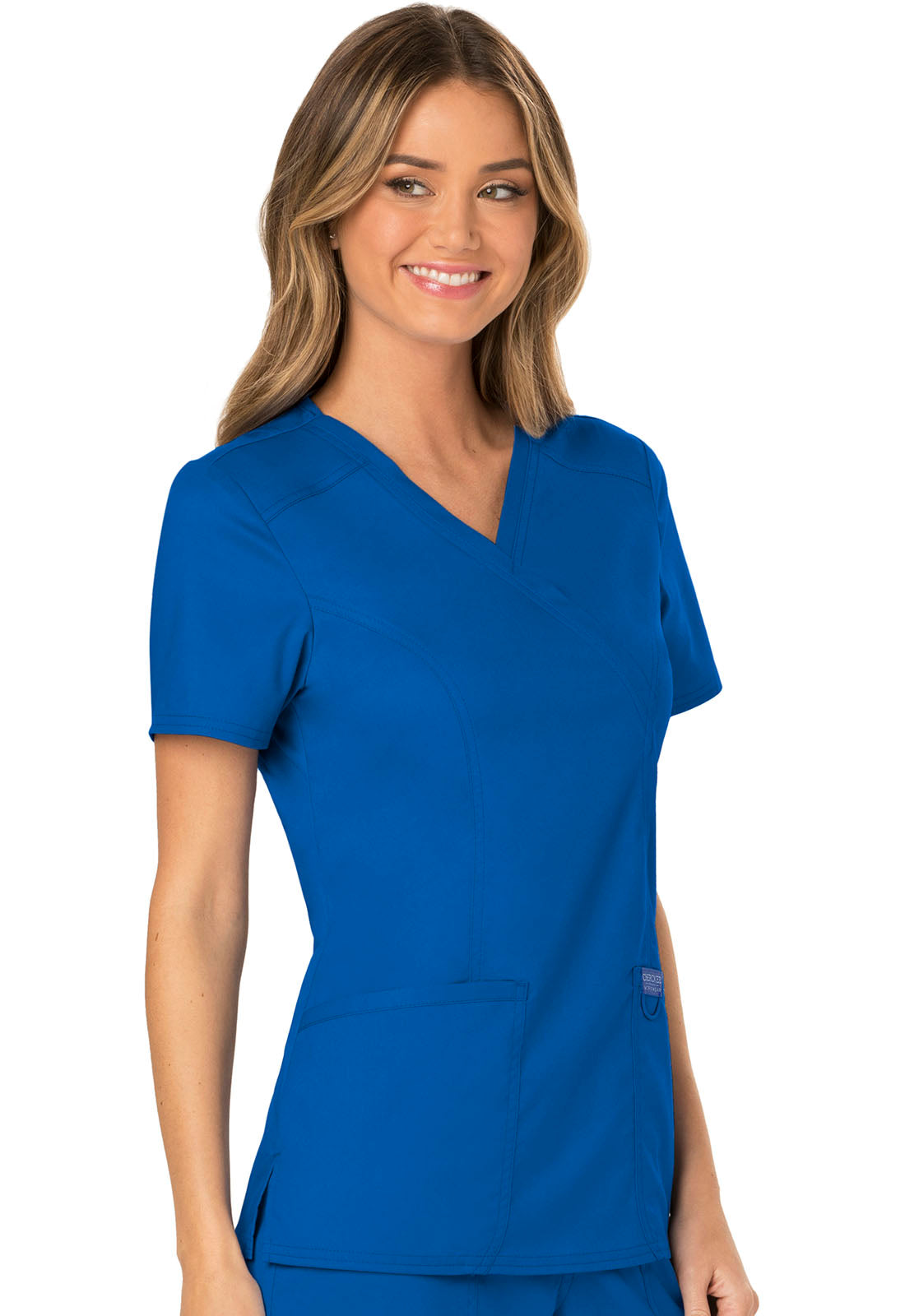 Revolution WW610 Mock Wrap Top Royal Model Image Left Side | Cherokee Workwear