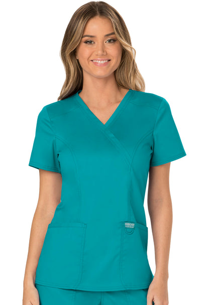 Revolution WW610 Mock Wrap Top Teal Blue Model Image Front | Cherokee Workwear