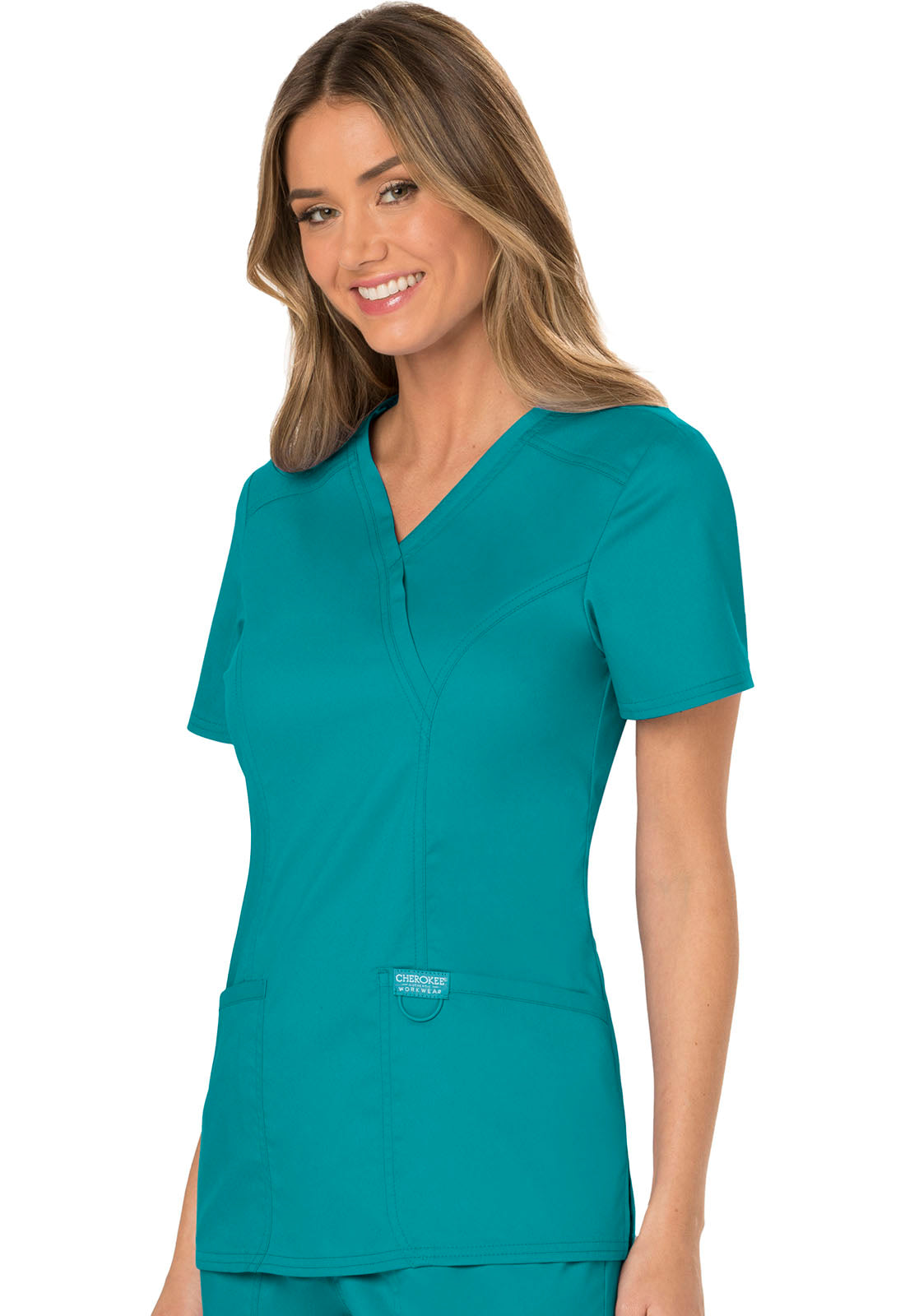 Revolution WW610 Mock Wrap Top Teal Blue Model Image Right Side | Cherokee Workwear