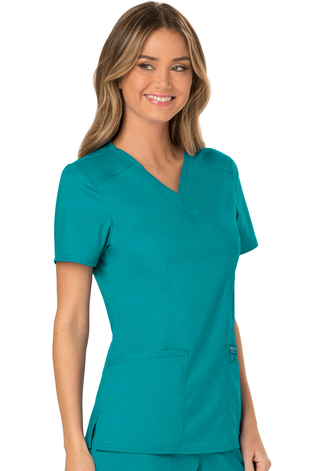 Revolution WW610 Mock Wrap Top Teal Blue Model Image Left Side | Cherokee Workwear