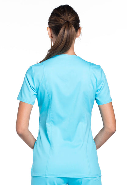 Revolution WW610 Mock Wrap Top Turquoise Model Image Back | Cherokee Workwear