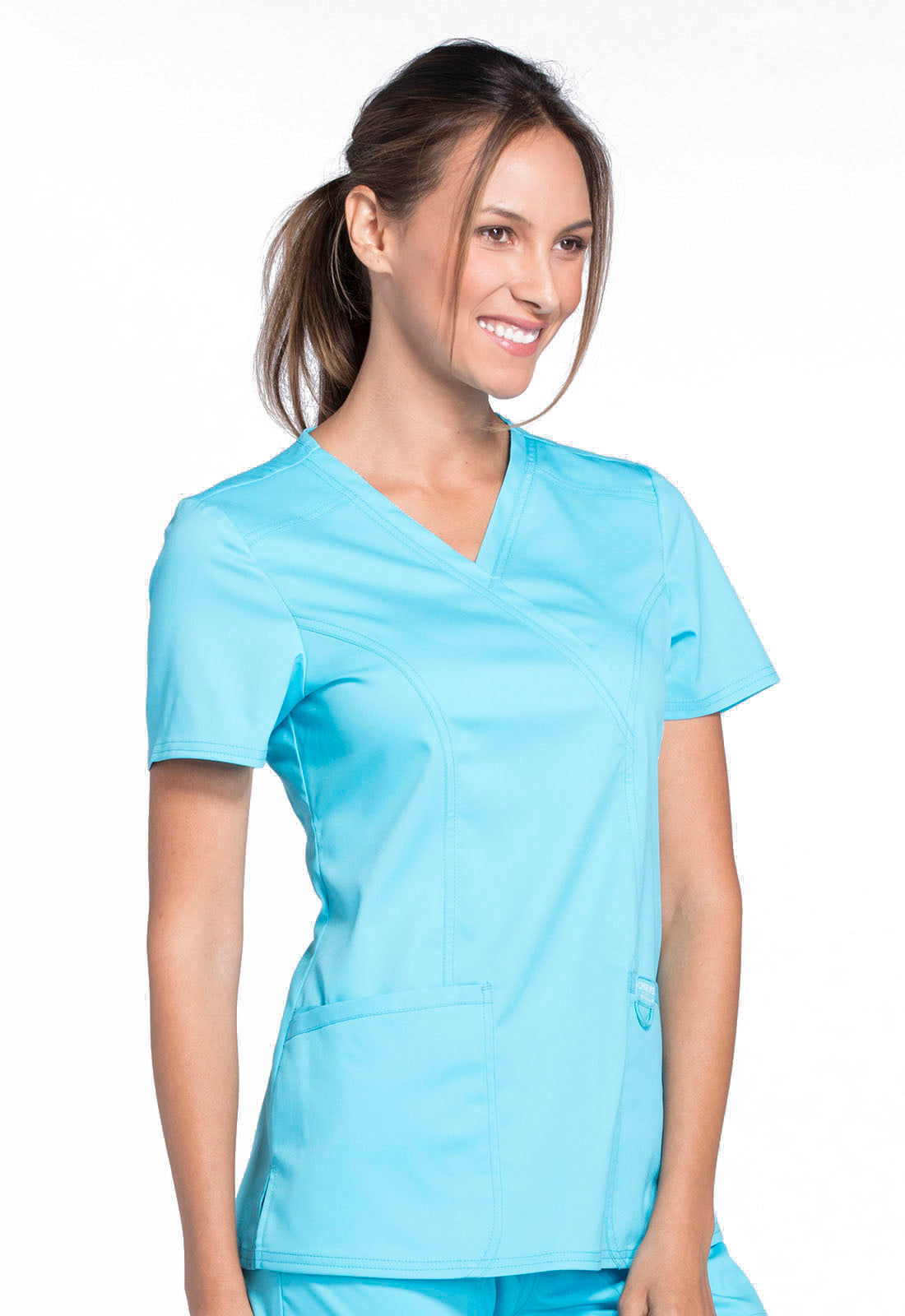 Revolution WW610 Mock Wrap Top Turquoise Model Image Left Side | Cherokee Workwear