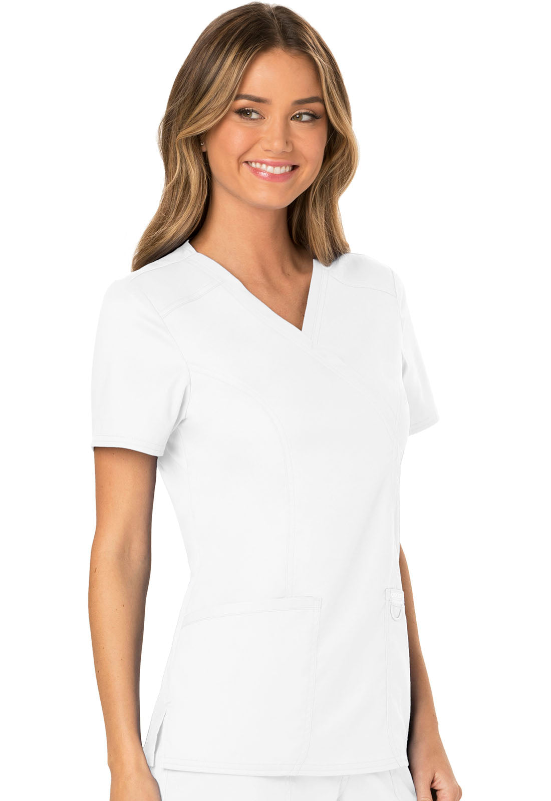 Revolution WW610 Mock Wrap Top White Model Image Left Side | Cherokee Workwear