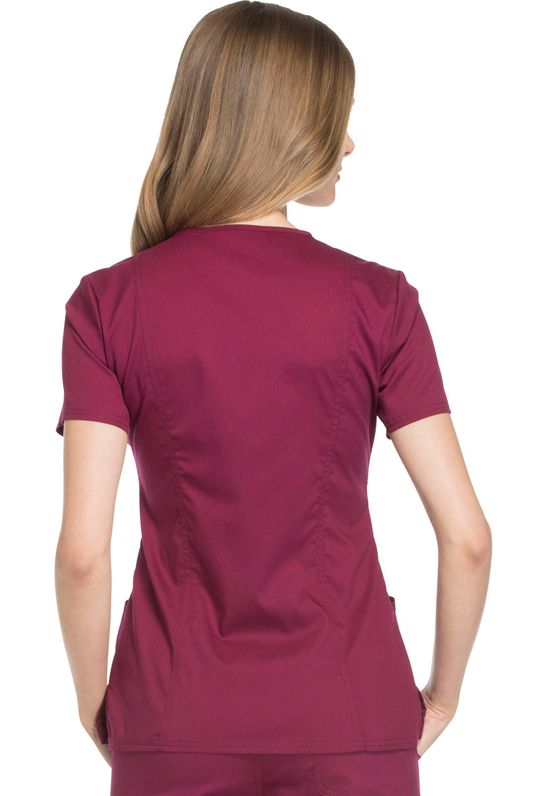 Revolution WW610 Mock Wrap Top Wine Model Image Back | Cherokee Workwear