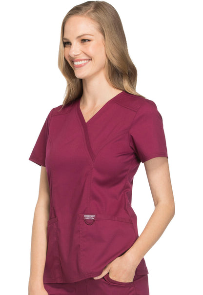 Revolution WW610 Mock Wrap Top Wine Model Image Right Side | Cherokee Workwear