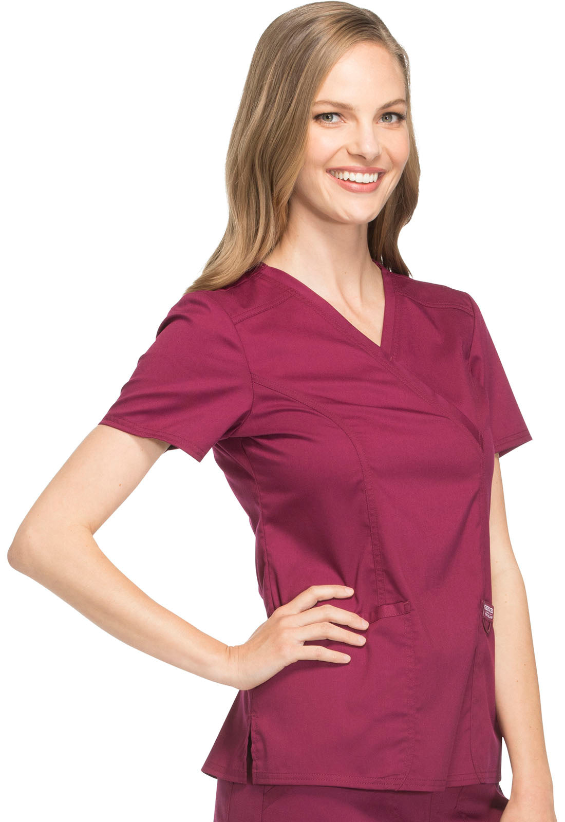 Revolution WW610 Mock Wrap Top Wine Model Image Left Side | Cherokee Workwear