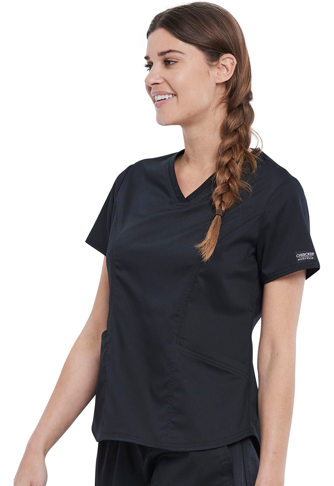 Revolution WW612 V-Neck Top Black Model Image Right Side | Cherokee Workwear