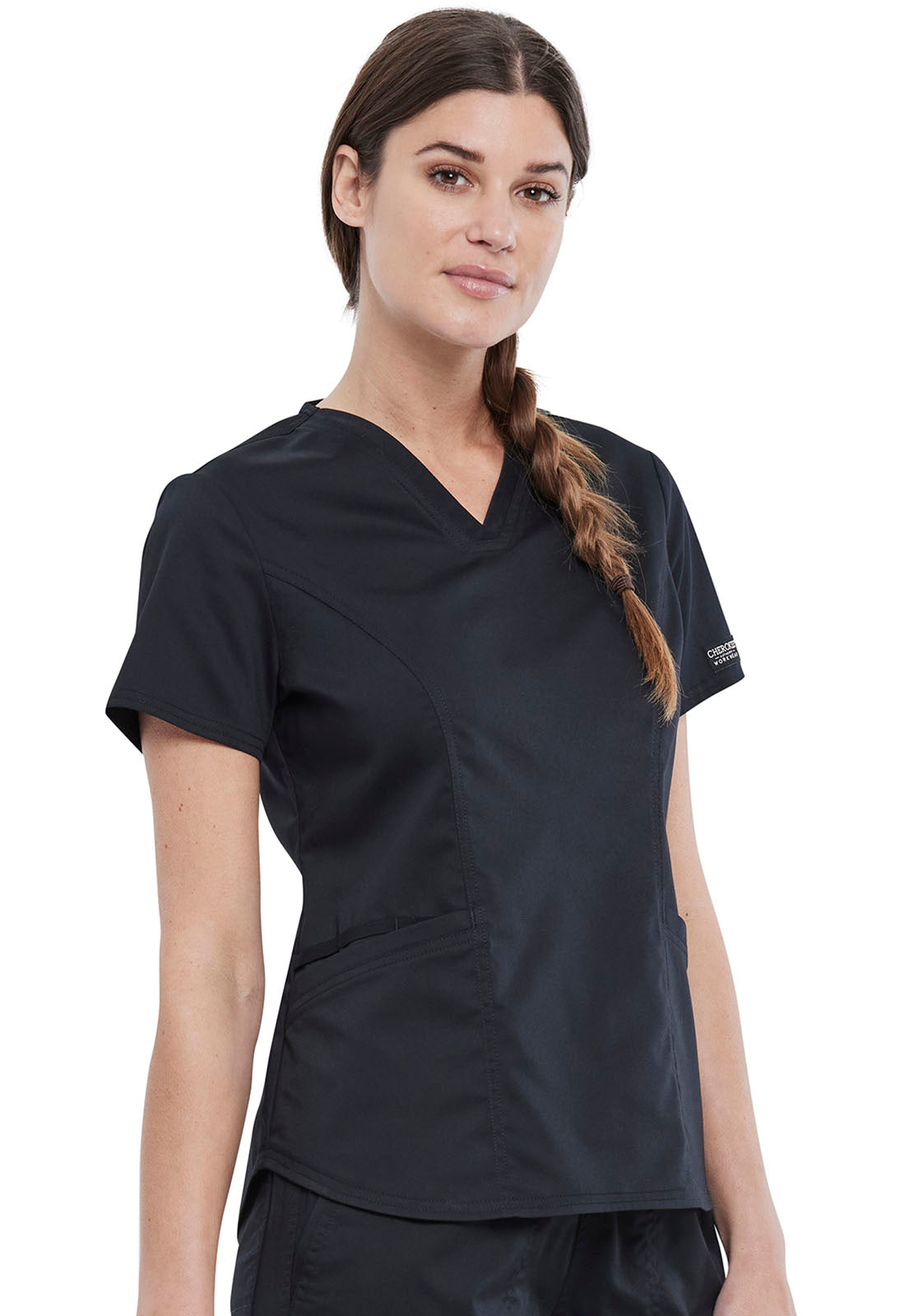 Revolution WW612 V-Neck Top Black Model Image Left Side | Cherokee Workwear